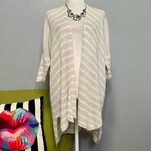 Eileen Fisher Organic Linen Lightweight White Beige Striped Cardigan Sweater S/M